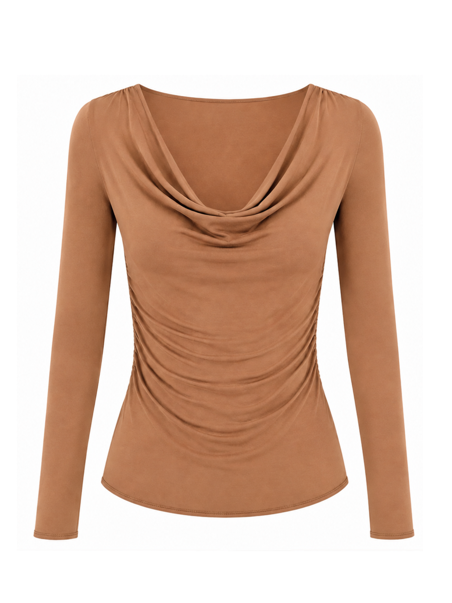 Bamboo Long Sleeve Cowl Neck Top- Toffee
