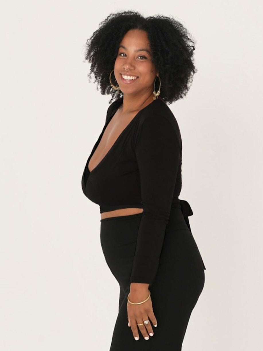 black long sleeve ballet wrap cardigan with cross over plunge neckline, women's bamboo clothing
