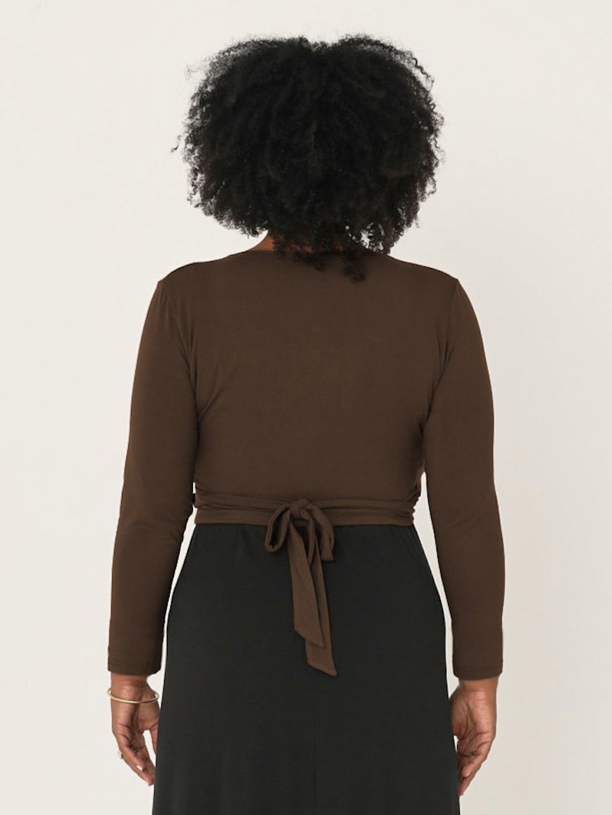 cocoa brown long sleeve ballet wrap cardigan with cross over plunge neckline, women's bamboo clothing