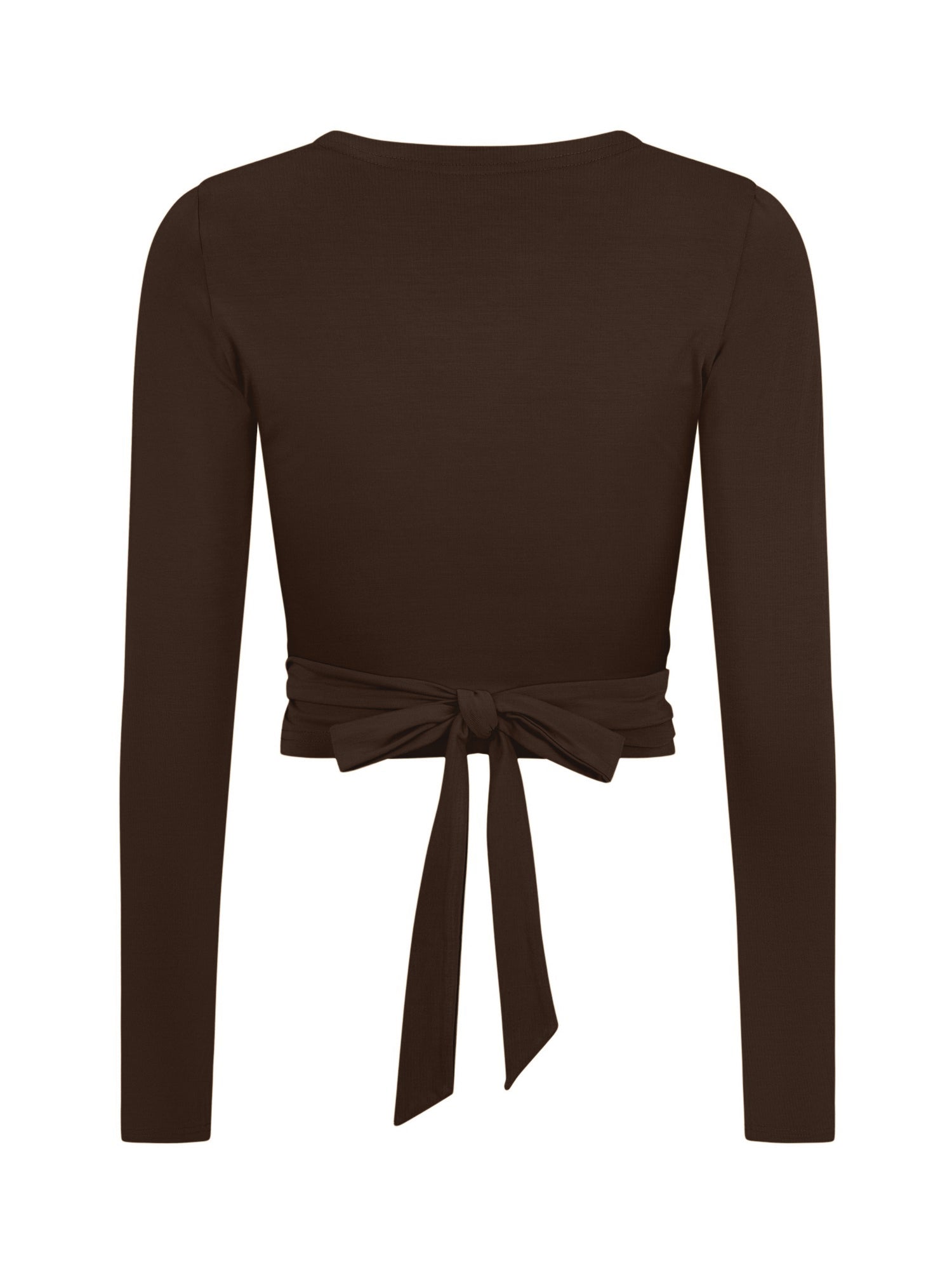 cocoa brown long sleeve ballet wrap cardigan with cross over plunge neckline and tie feature at back.women's bamboo clothing