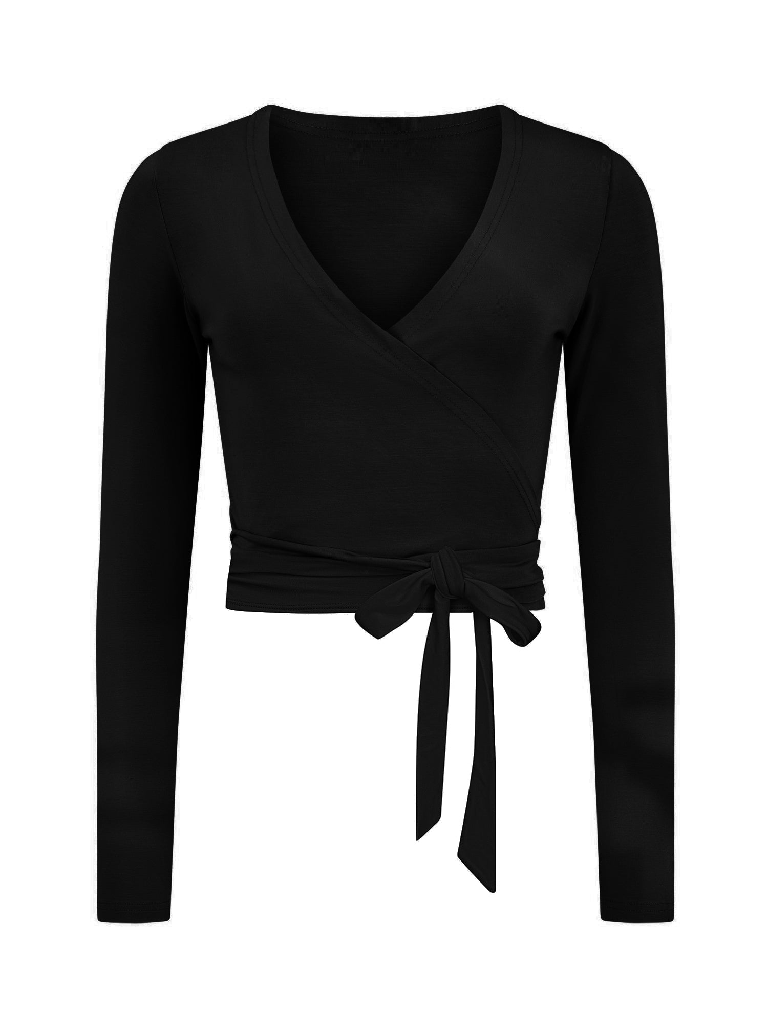 black long sleeve ballet wrap cardigan with cross over plunge neckline and tie detail, women's bamboo clothing