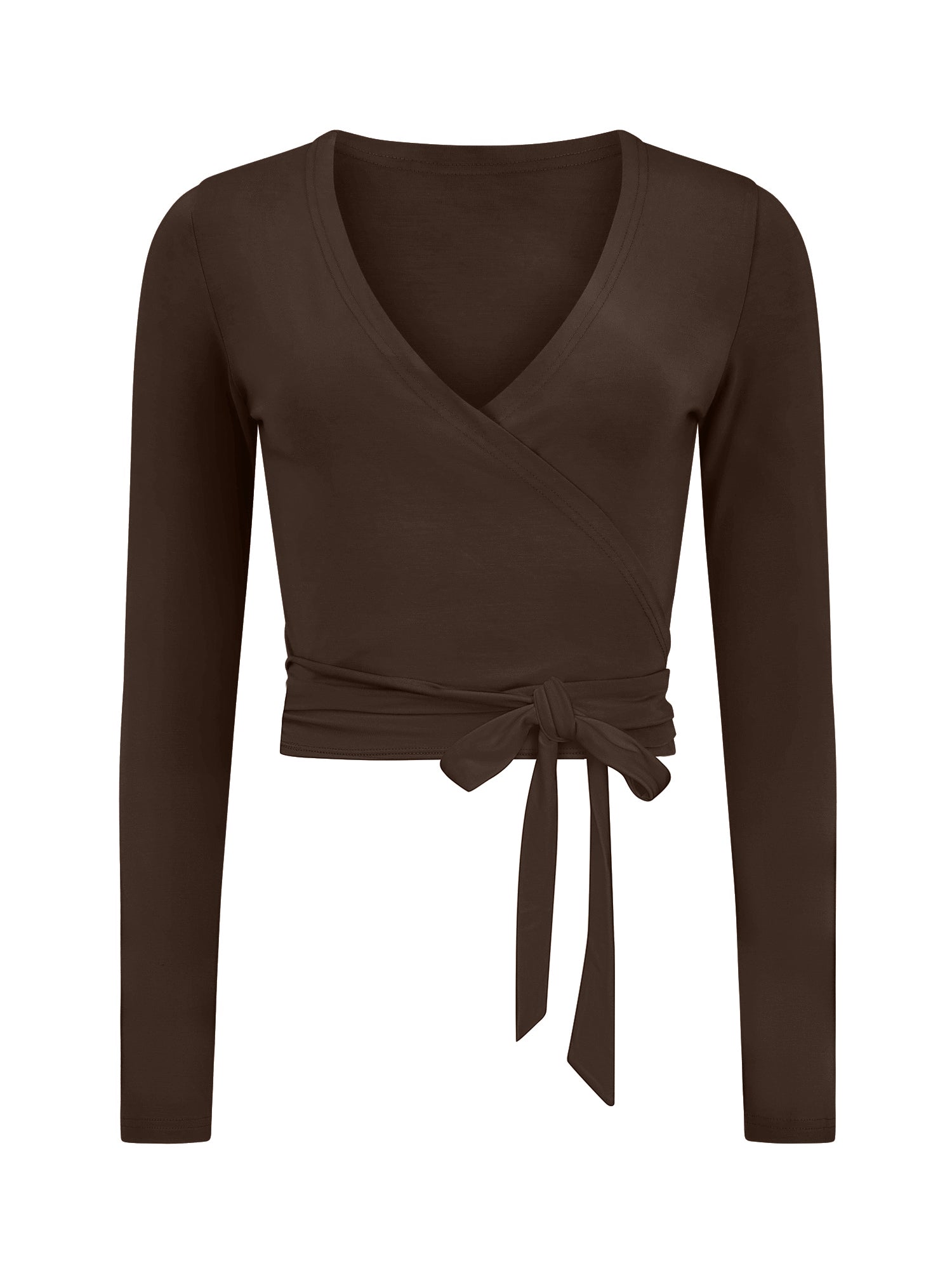 cocoa brown long sleeve ballet wrap cardigan with cross over plunge neckline, women's bamboo clothing
