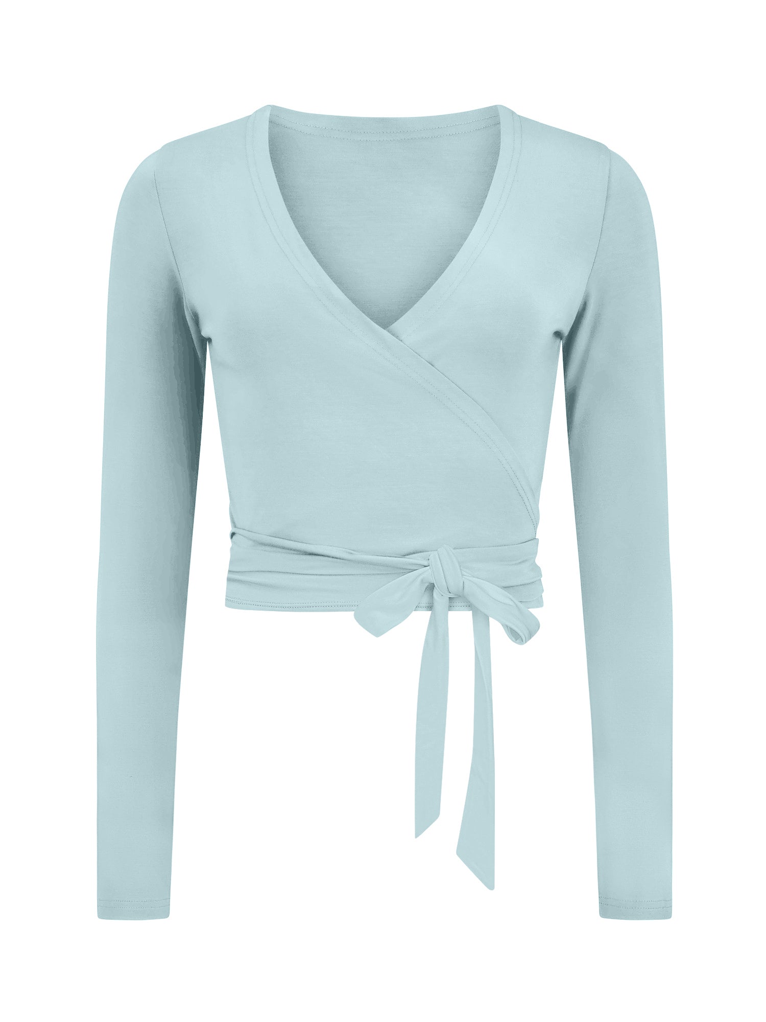 Bamboo light topaz blue long-sleeve ballet wrap top and black leggings against a plain background