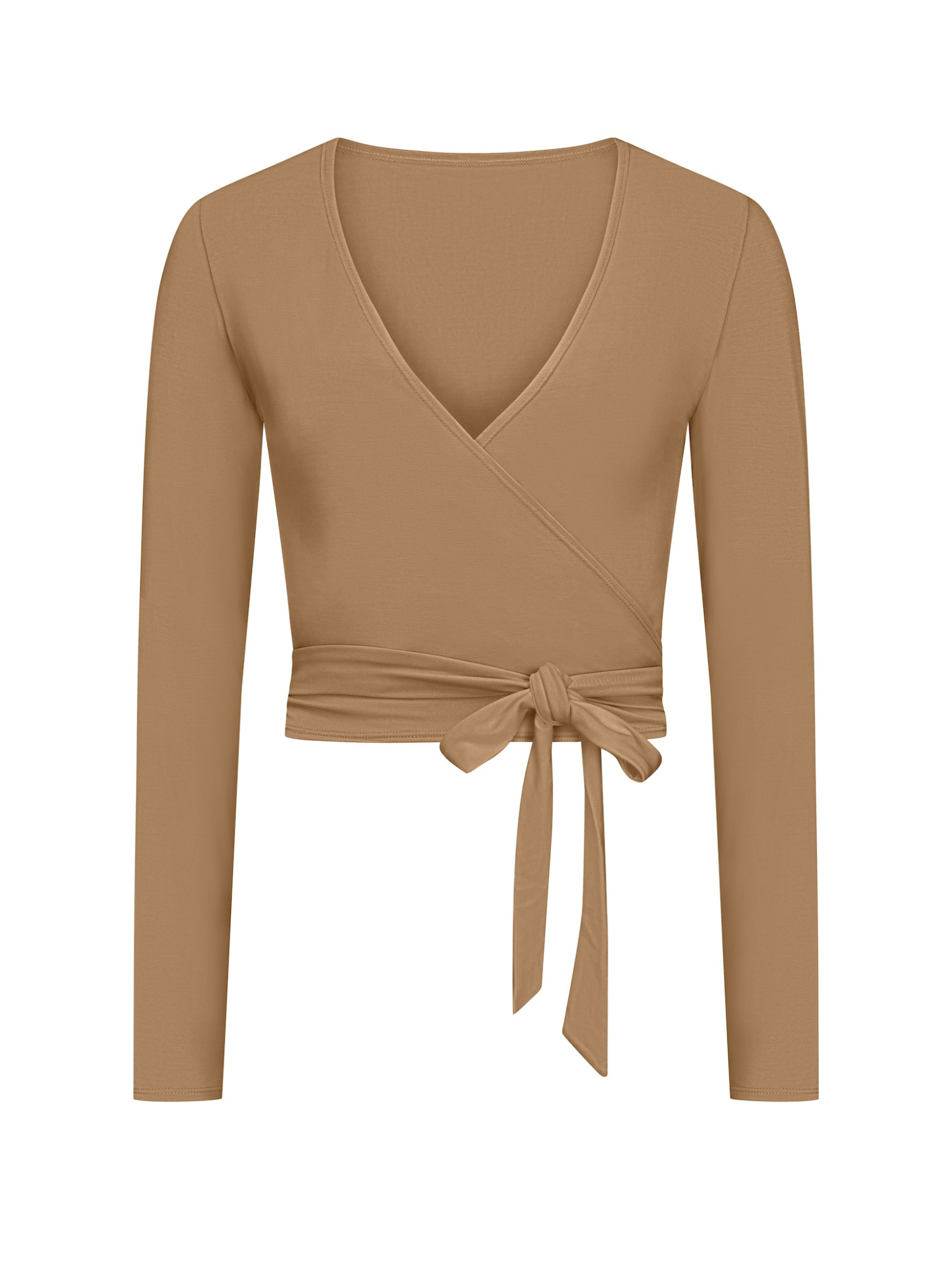 Bamboo toffee brown wrap top with long sleeves on a white background