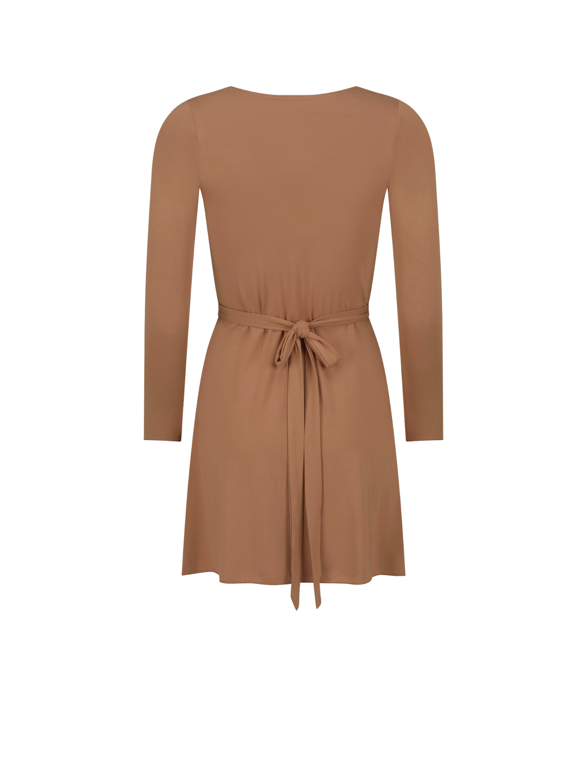 A long-sleeve brown dress with a tie waist, shown from the back on a plain white background.