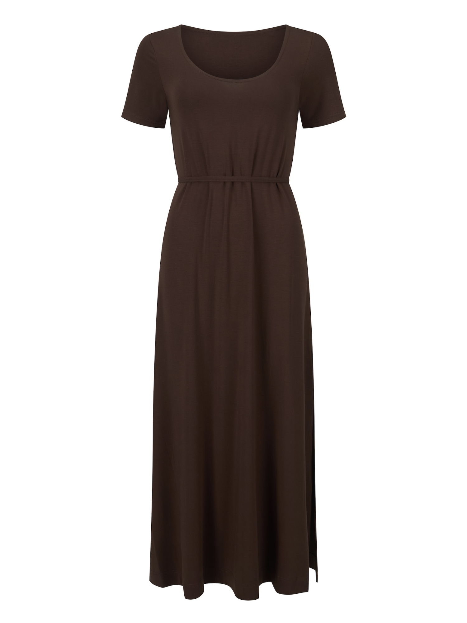 A dark brown short-sleeve maxi dress with a scoop neckline and a gathered waist, shown against a plain white background.