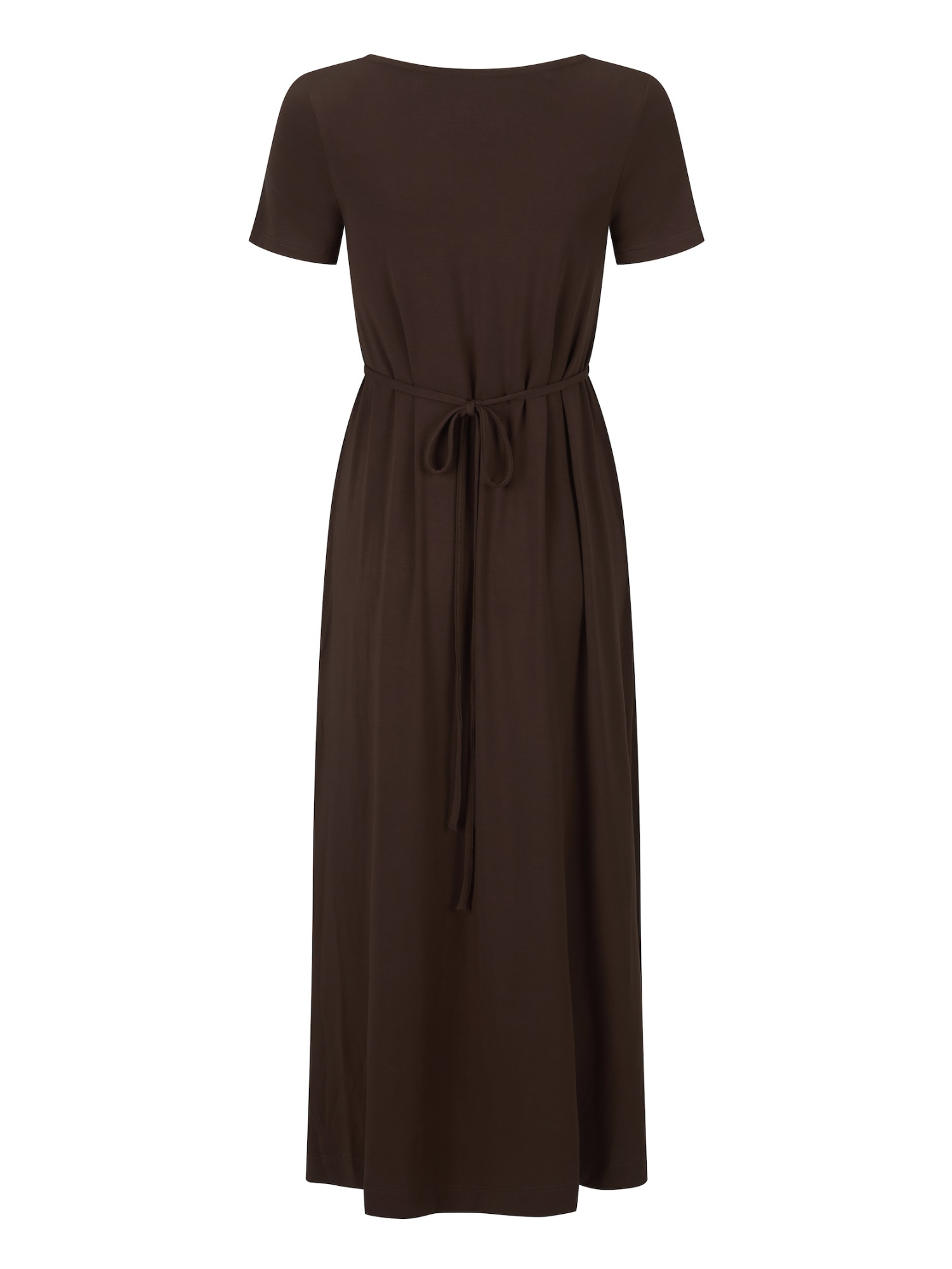 A dark brown short-sleeve midi dress with a tie waist, shown against a plain white background.