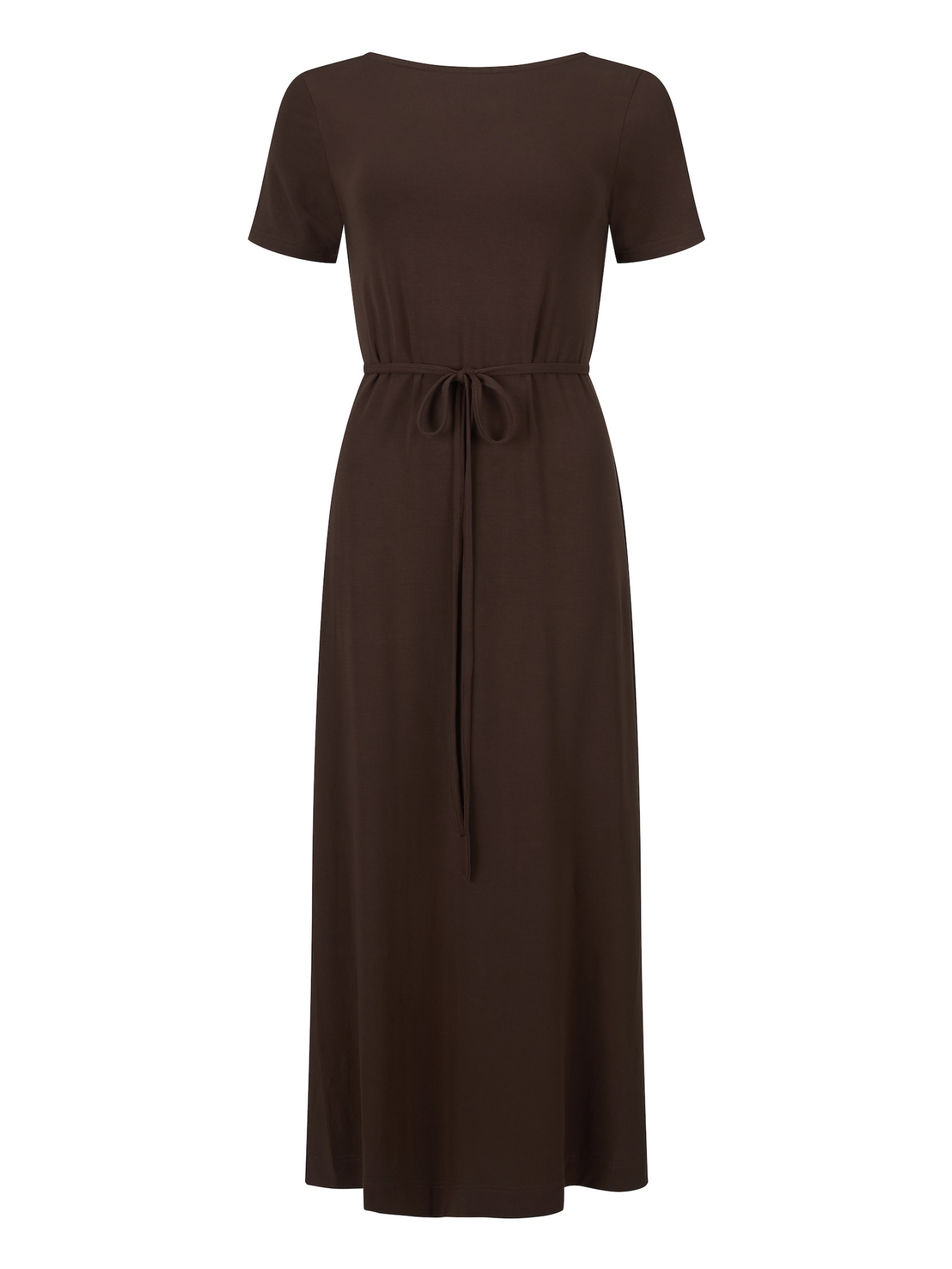 A dark brown short-sleeve maxi dress with a boat neckline and a matching fabric tie belt at the waist, shown against a plain white background.