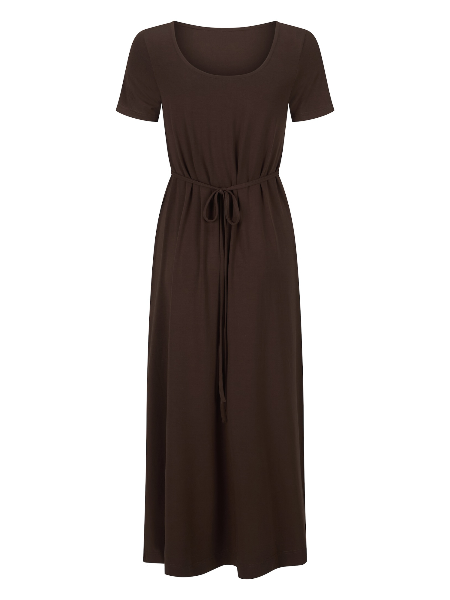 A dark brown short-sleeve maxi dress with a scoop neckline and a drawstring tie at the waist, shown against a plain white background.